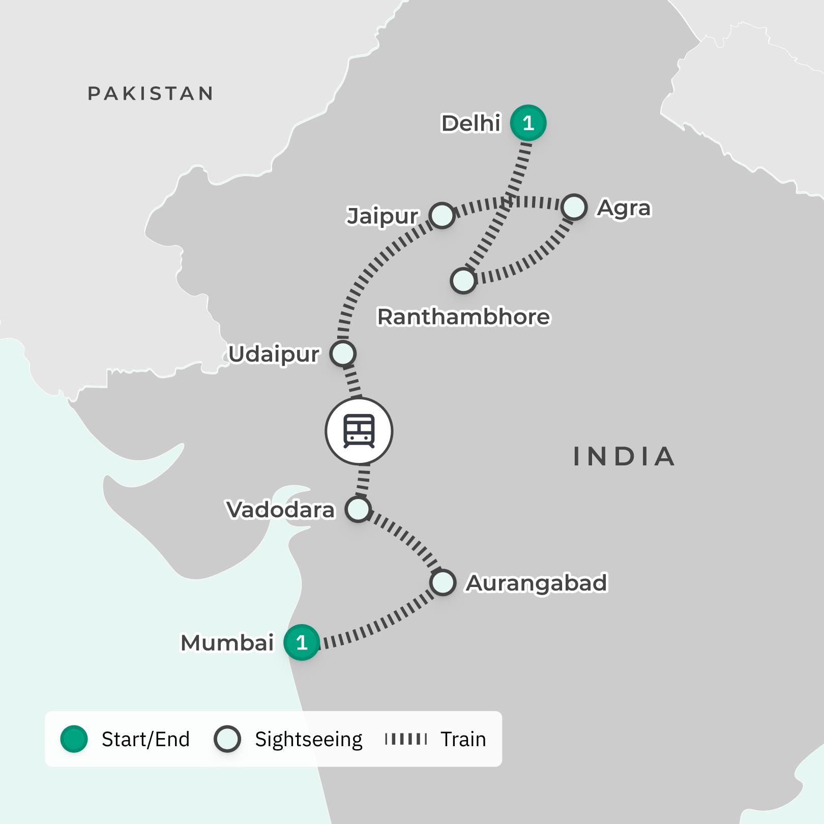 India Iconic Deccan Odyssey Railway Tour with Ranthambore Safari route map