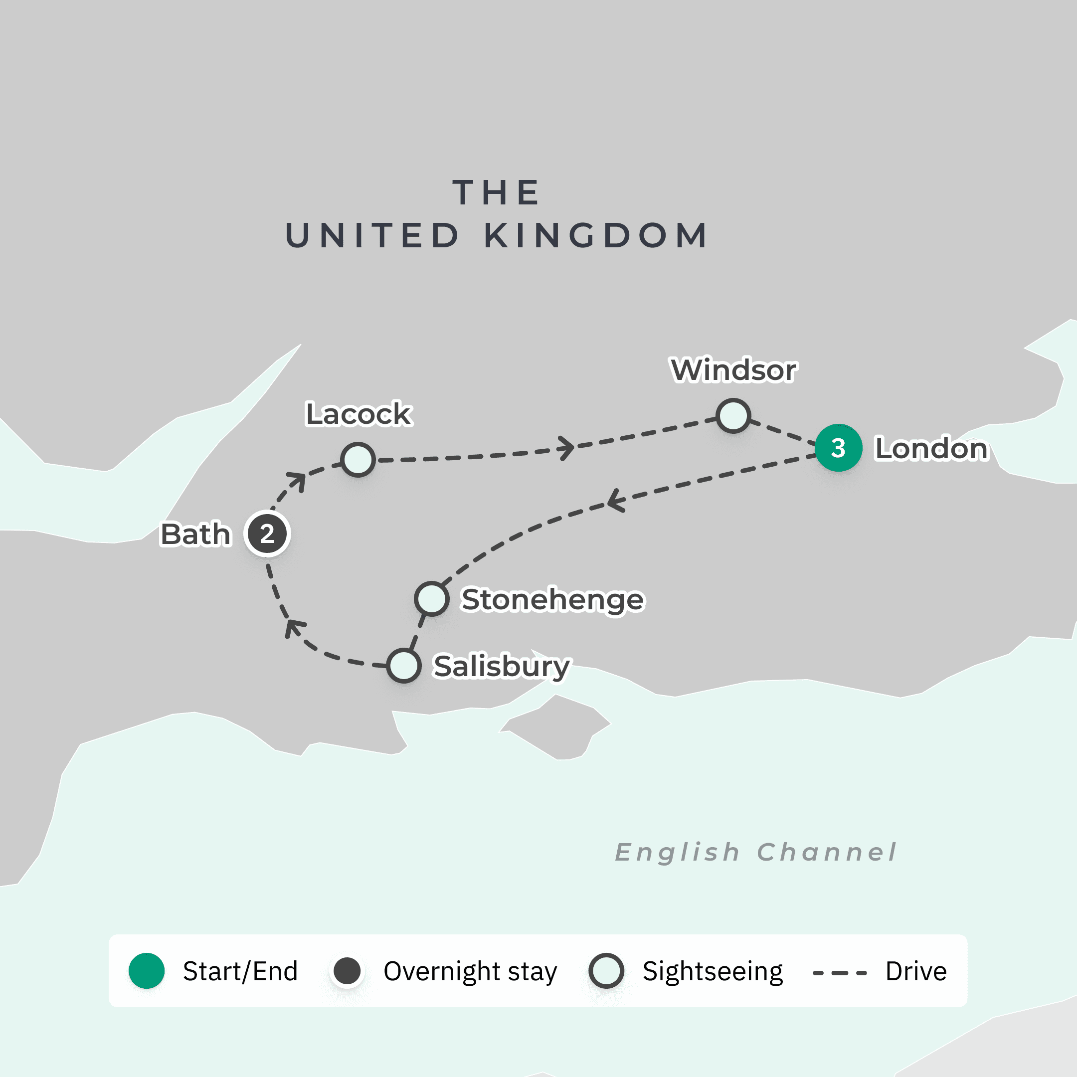 London & Bath Discovery with Windsor Castle Visit & Stonehenge Tour route map