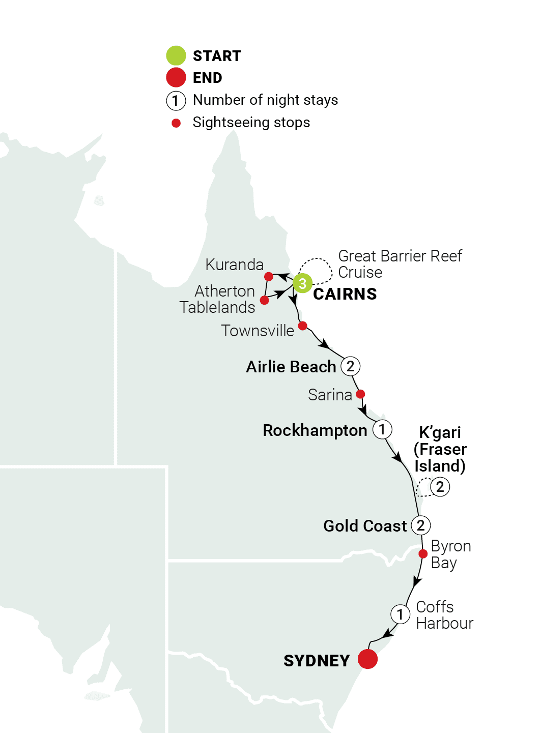 East Coast Beaches & Reef route map