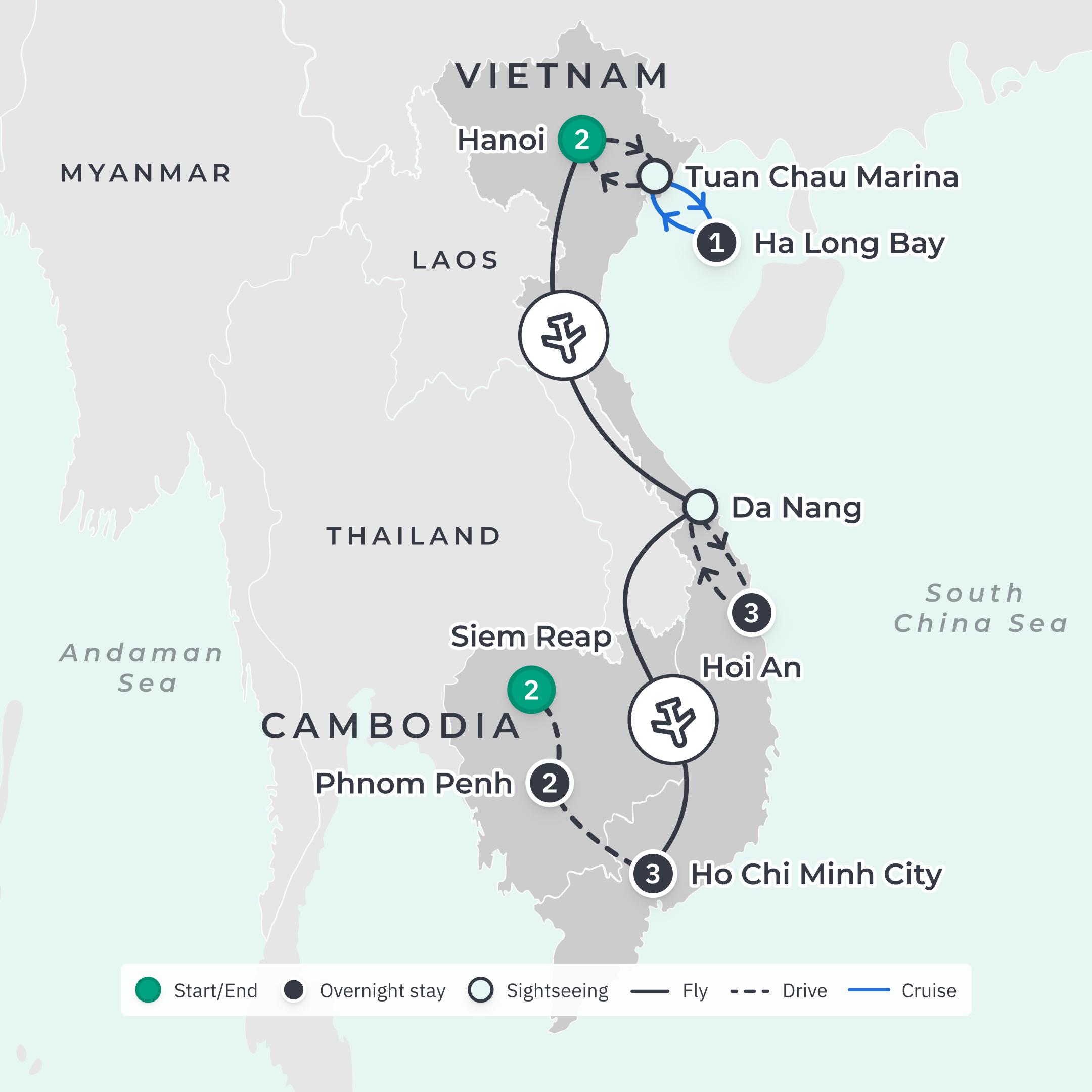 Vietnam & Cambodia Discovery with Angkor Wat, Ha Long Bay Cruise & Hoi An Street Food Tour route map