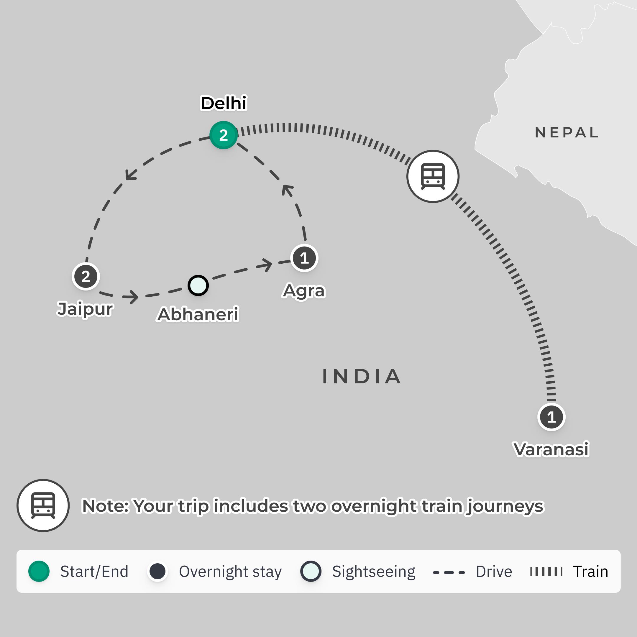 Gems of India with Taj Mahal & Varanasi Visits route map