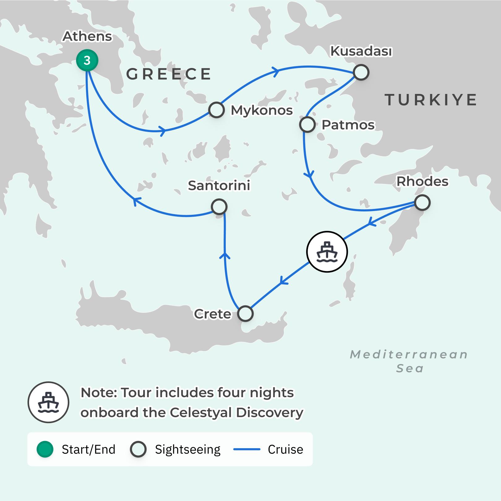 Greece Island Hopping Highlights with All-Inclusive Aegean Cruise & Guided Athens Tour route map