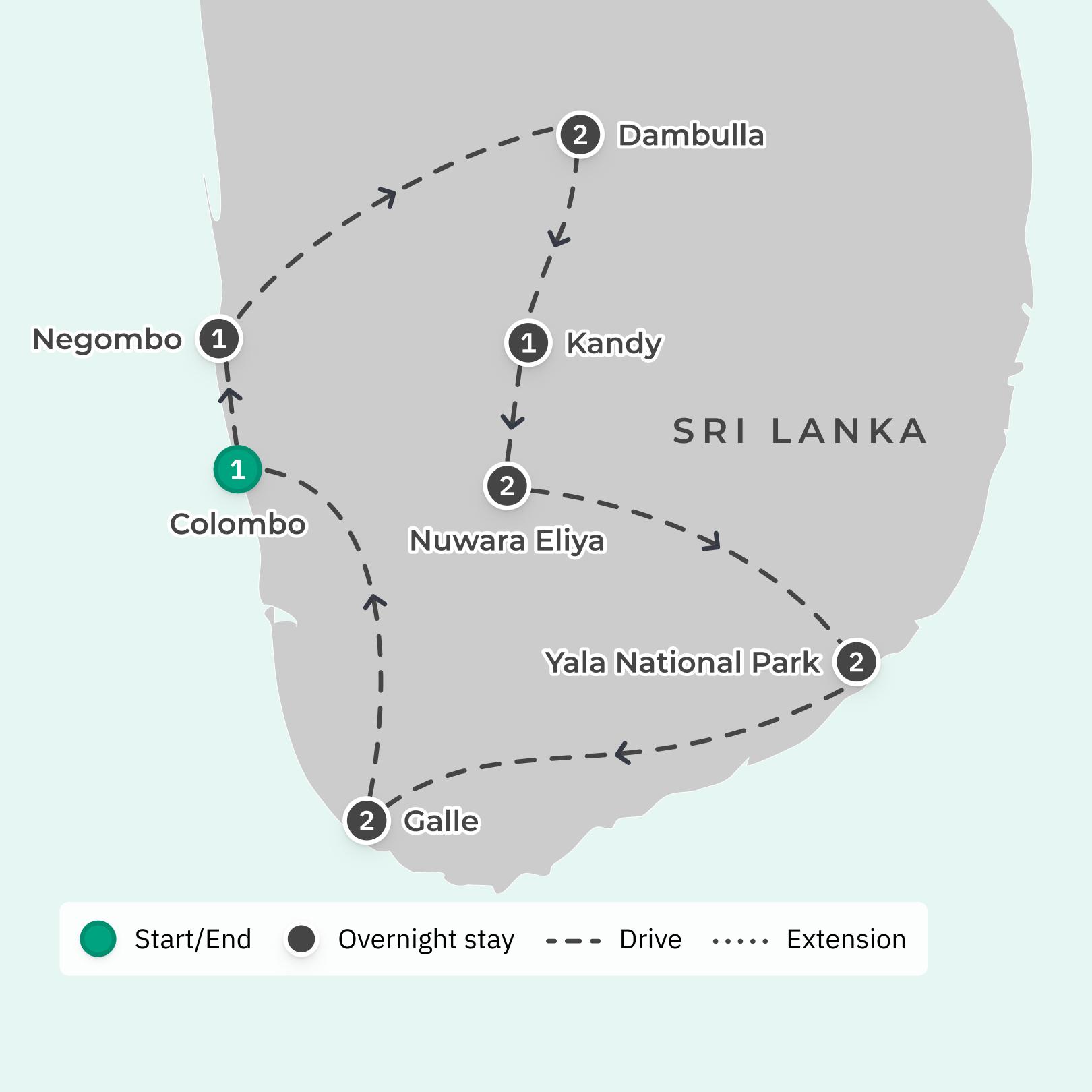 Sri Lanka Small-Group Tour with Five-Star Stays, National Park Safari, Sigiriya Rock Fortress & Galle Fort Tour route map