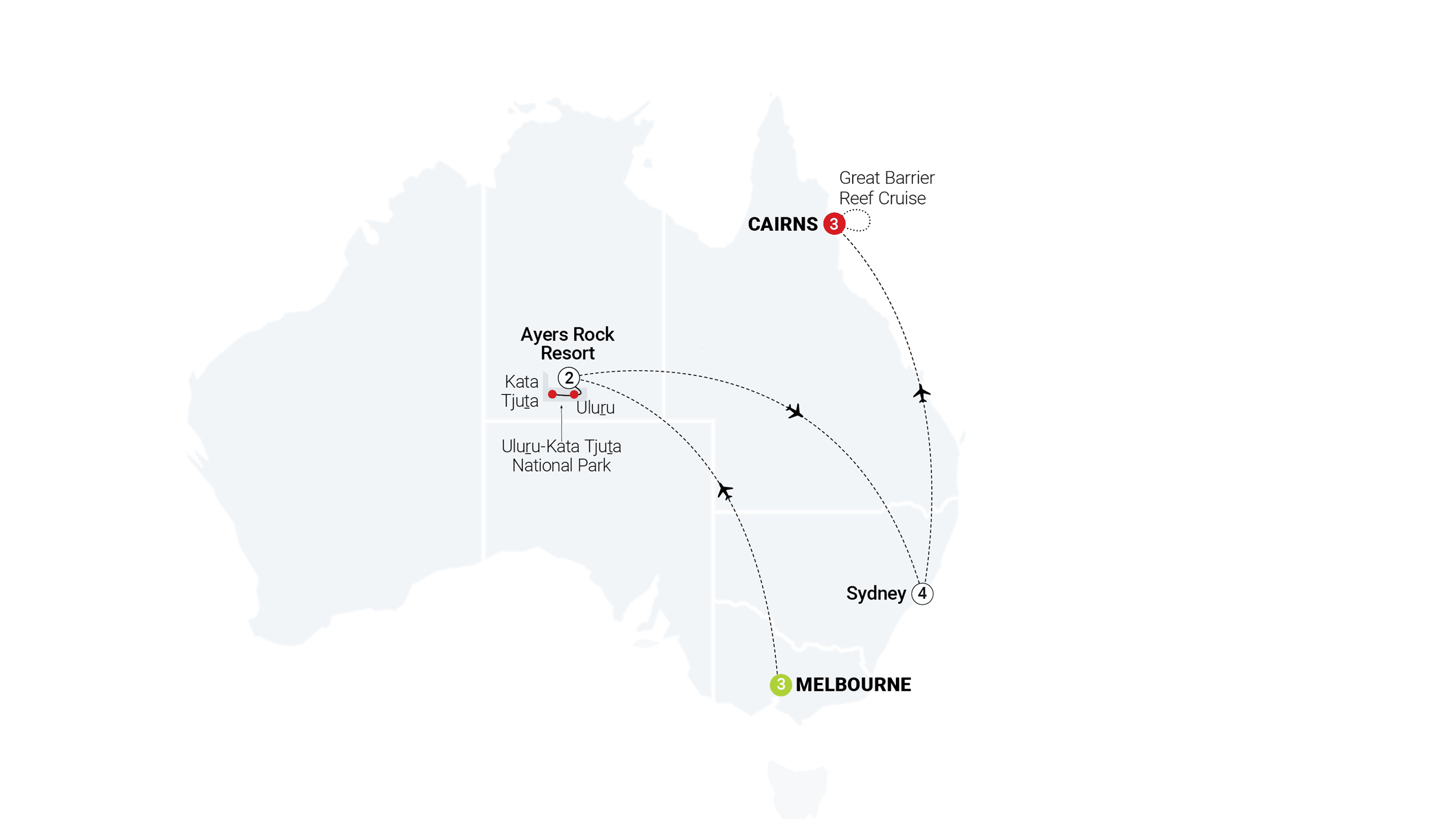 Aboriginal Culture & Australian Highlights route map