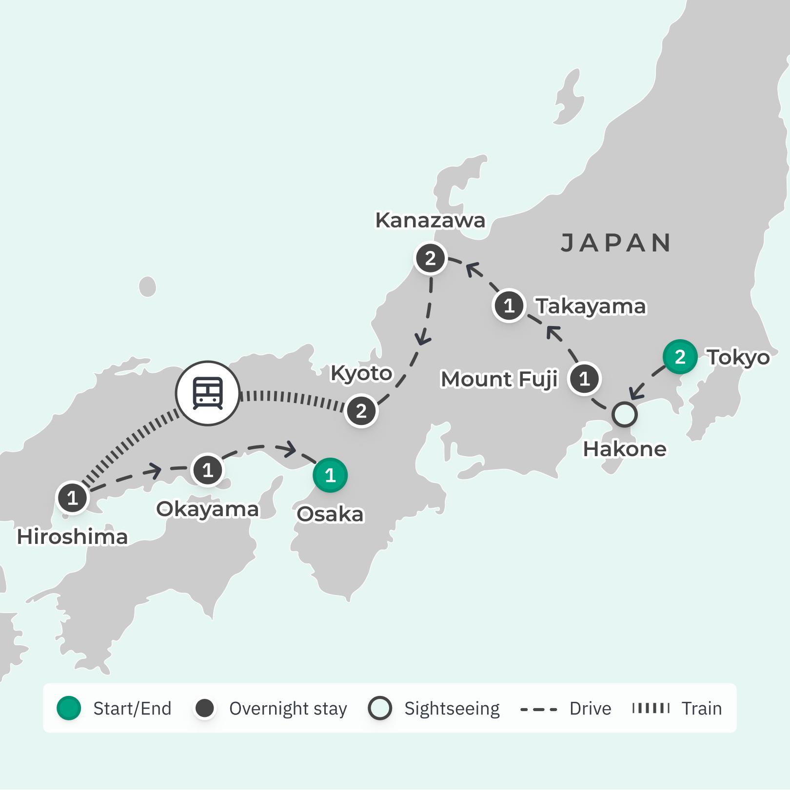 Ultimate Japan with Traditional Onsen Stay & Hiroshima Bullet Train route map