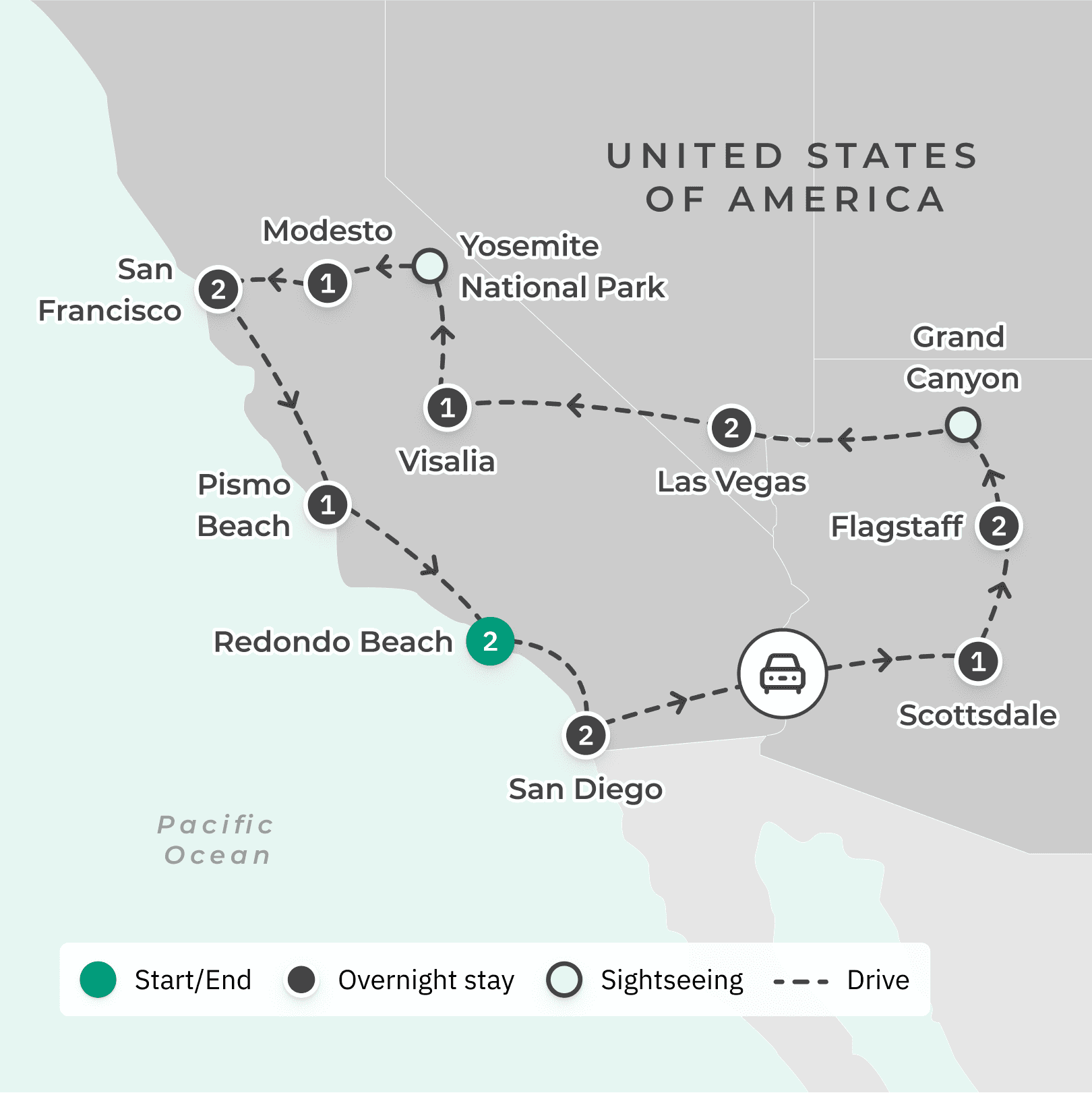 USA Golden West 2024 Road Trip Tour with California Coast, Hollywood, San Francisco, Las Vegas, Grand Canyon & Yosemite route map