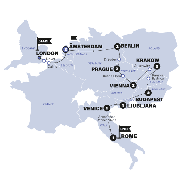 London to Rome Trail | Start Amsterdam | Winter | 24/25 route map