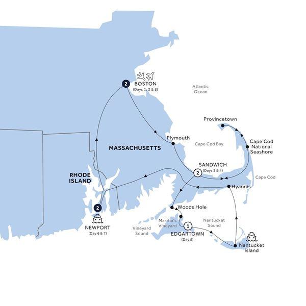 Boston, Cape Cod & The Islands a Women-Only Tour route map