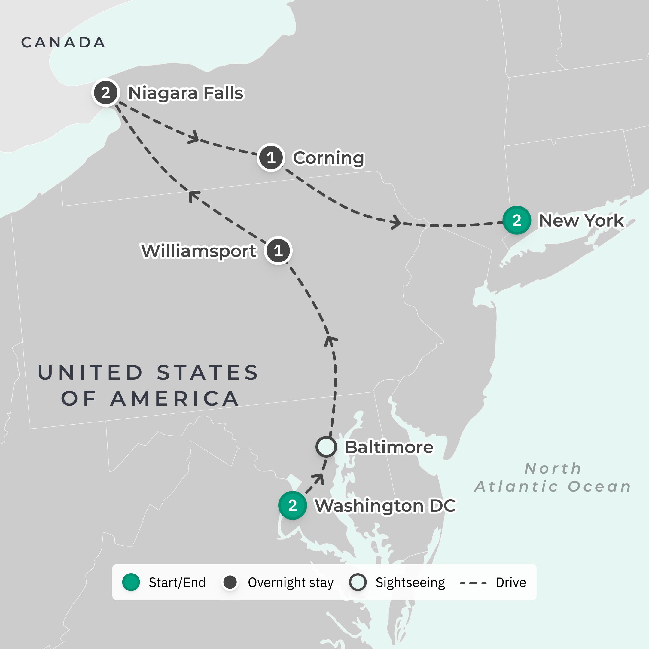 USA Northeast Highlights with New York City, Washington D.C. & Niagara Falls route map