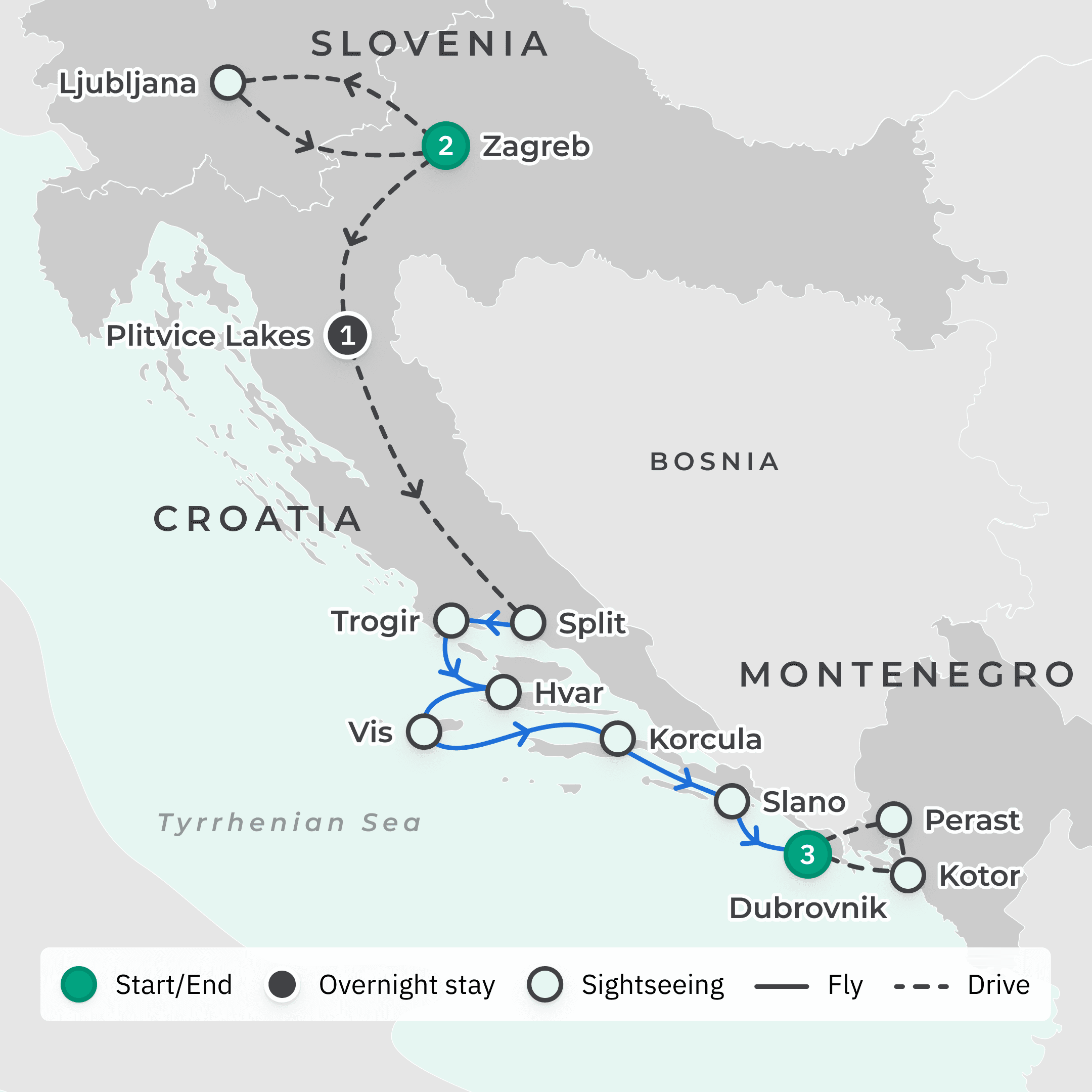 Best of Croatia with Coastal Cruise, Slovenia & Montenegro route map