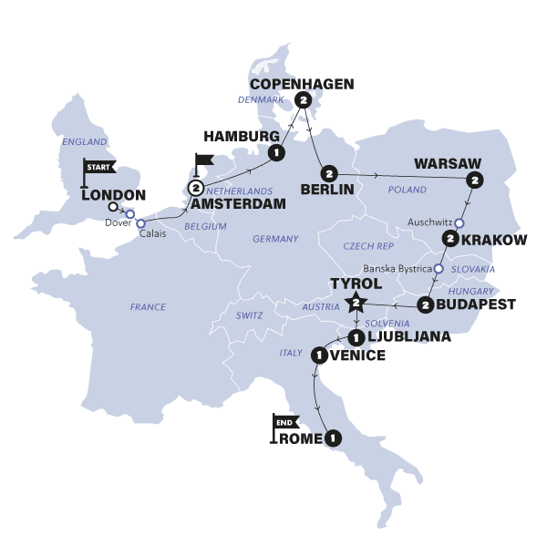 London to Rome Vistas | Start Amsterdam | Winter | 2024/2025 route map