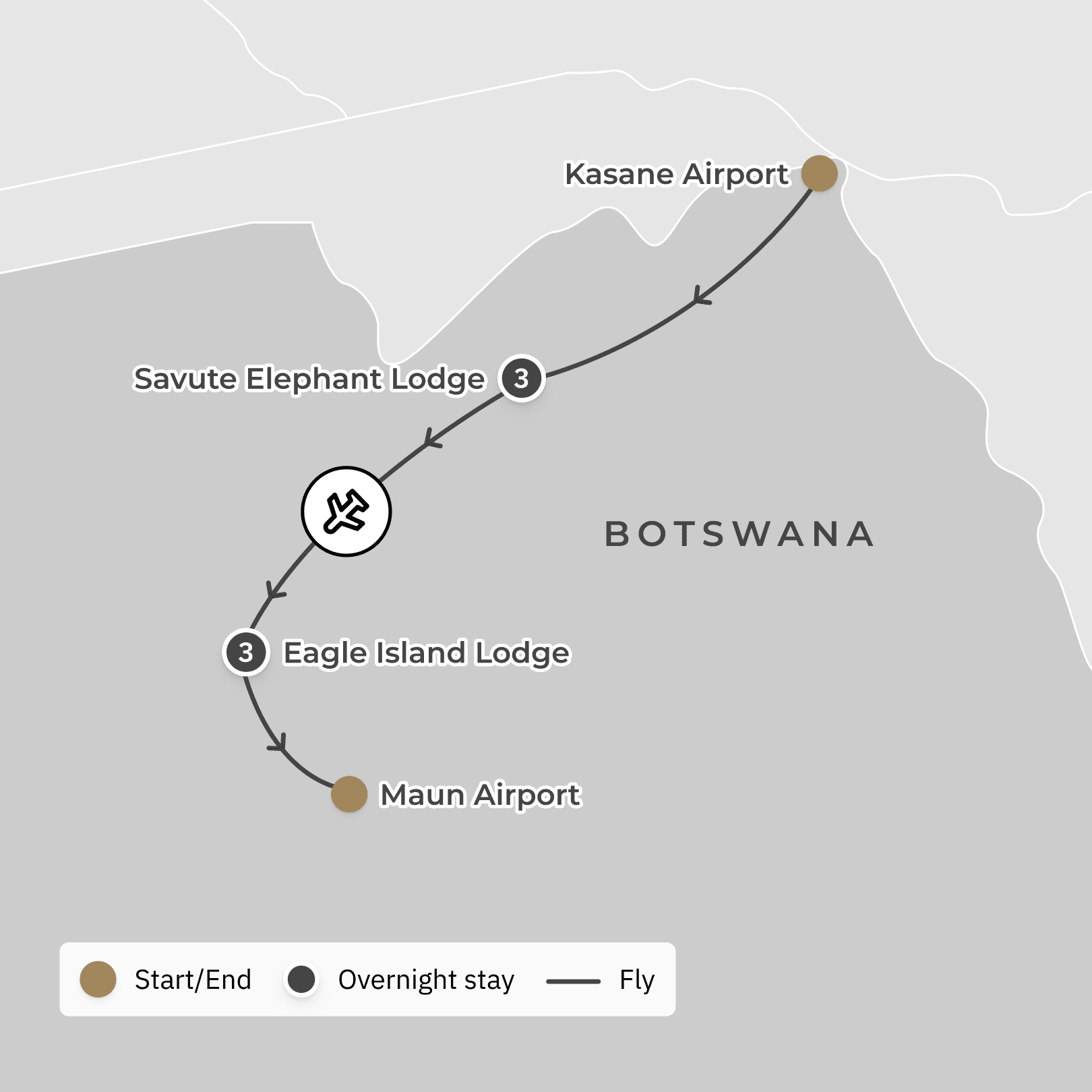 Botswana 2024 Private Fly-In Safari with All-Inclusive Belmond Lodge Stays, Okavango Delta & Daily Game Drives route map