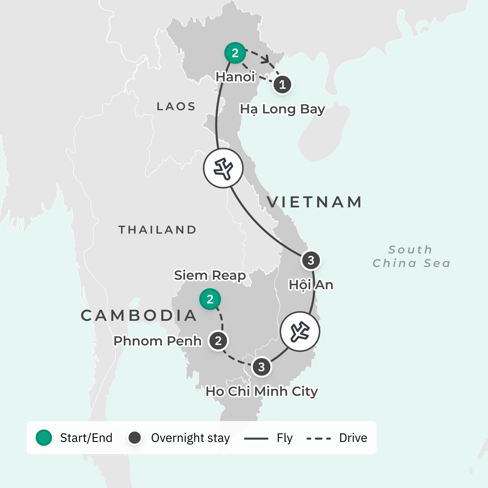 Vietnam & Cambodia Highlights Tour From North to South with All-Inclusive Ha Long Bay Cruise, Angkor Wat Visit & Mekong Delta Experience route map