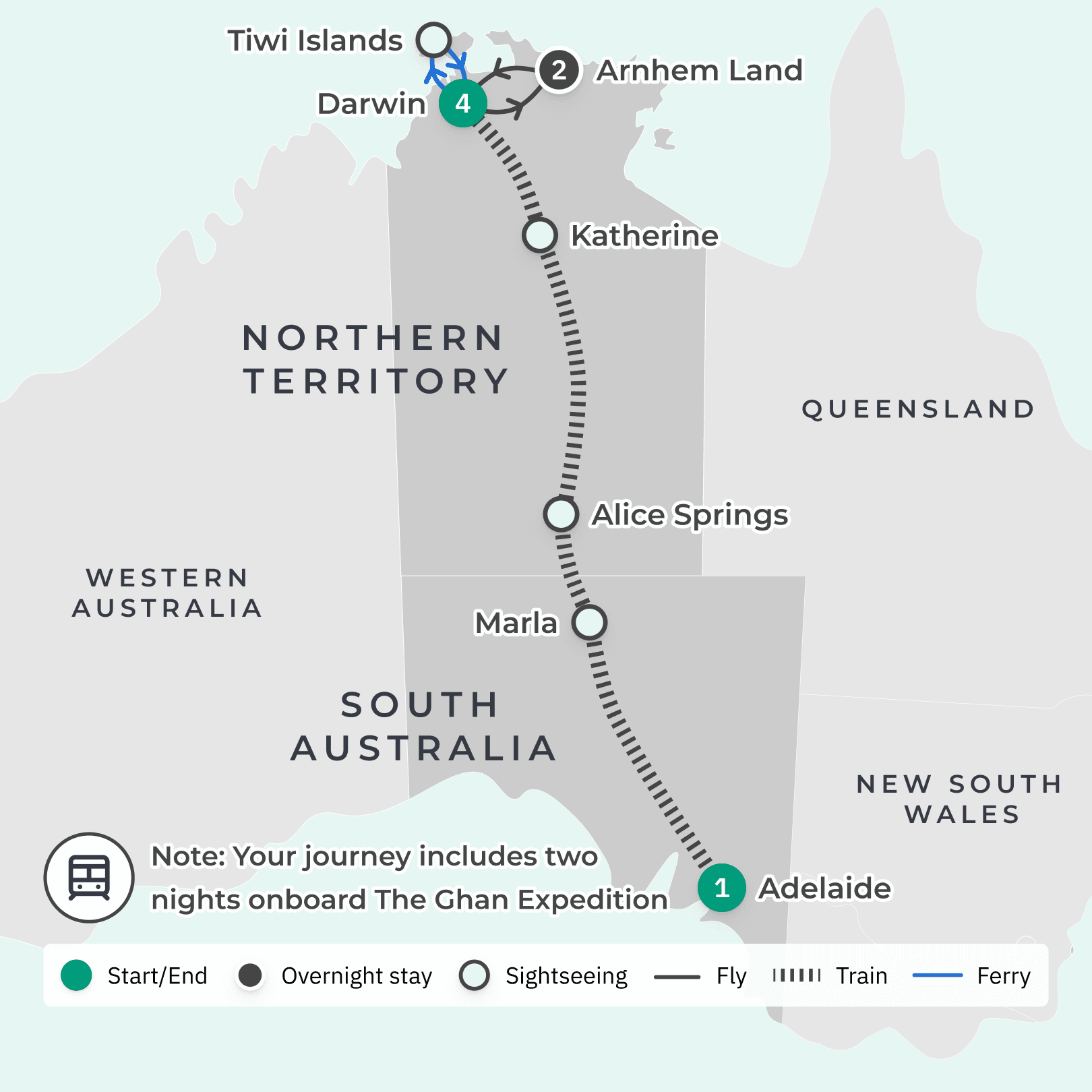 The Ghan Rail Journey from Adelaide to Darwin with Arnhem Land & Tiwi Islands Outback Adventure route map