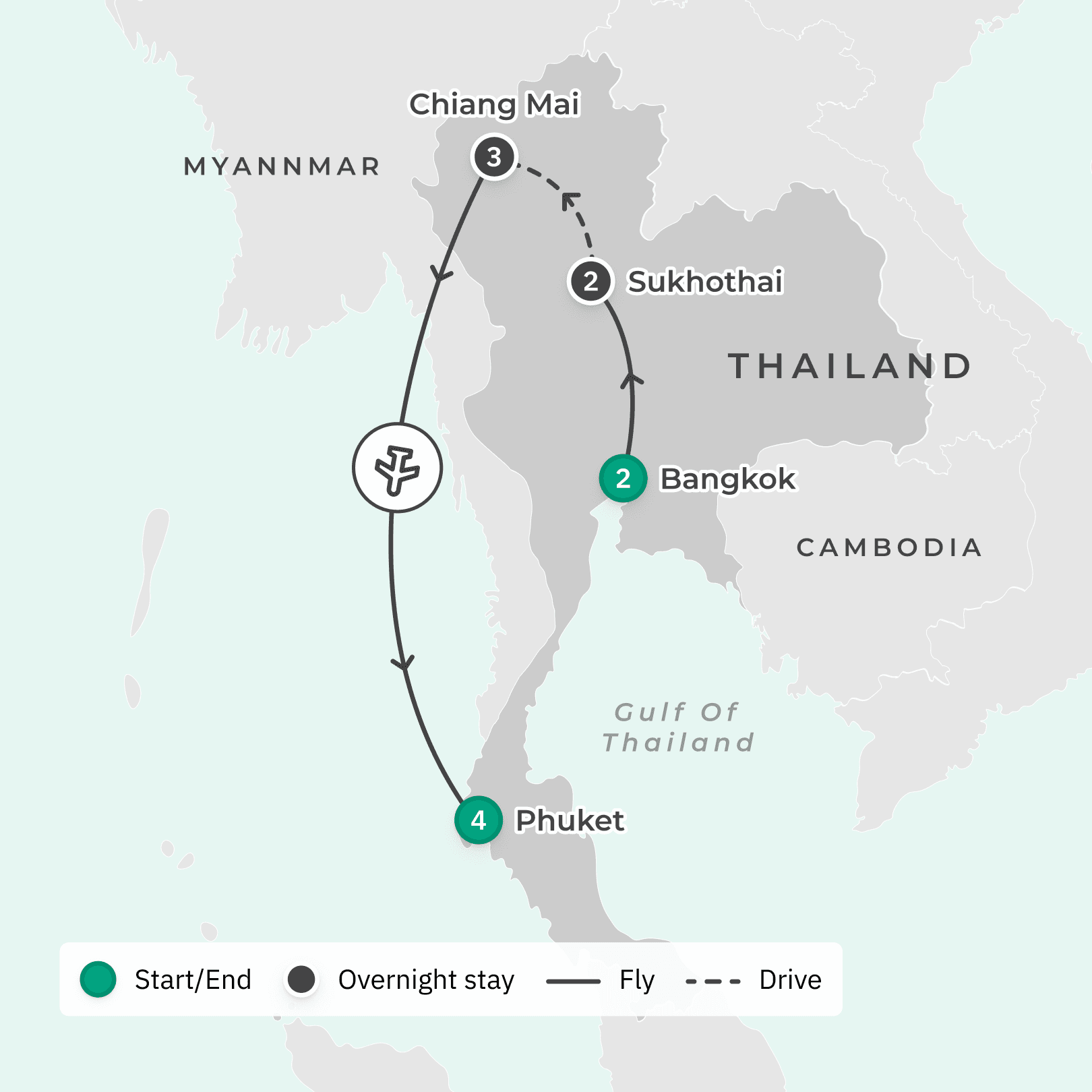 Classic Thailand Small-Group Tour with Phuket Beach Stay, Chiang Mai Cooking Class & Internal Flights route map