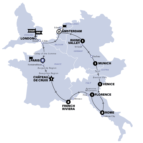 European Highlights | Classic | Start London | Summer | Season 2025 route map