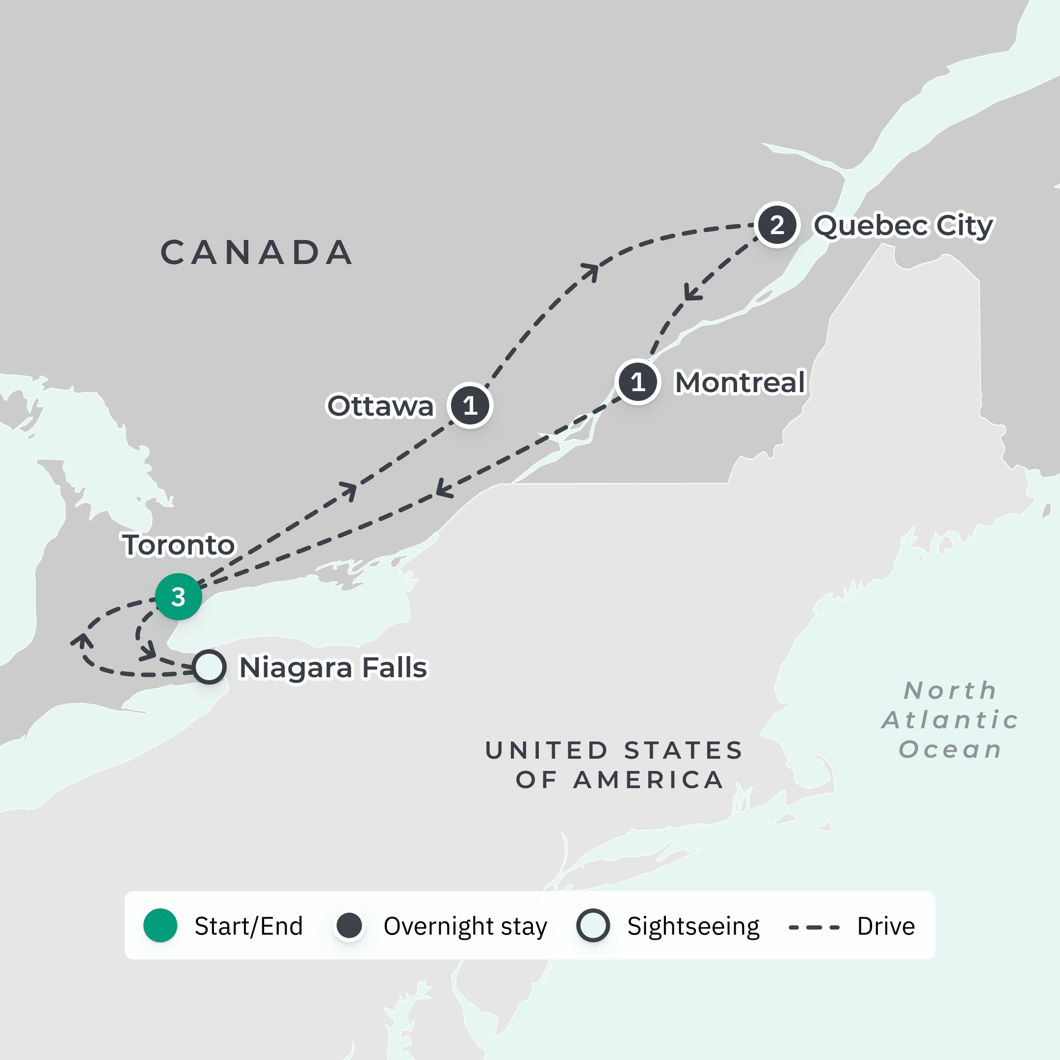 Canada Eastern Journey Highlights with Niagara Falls route map