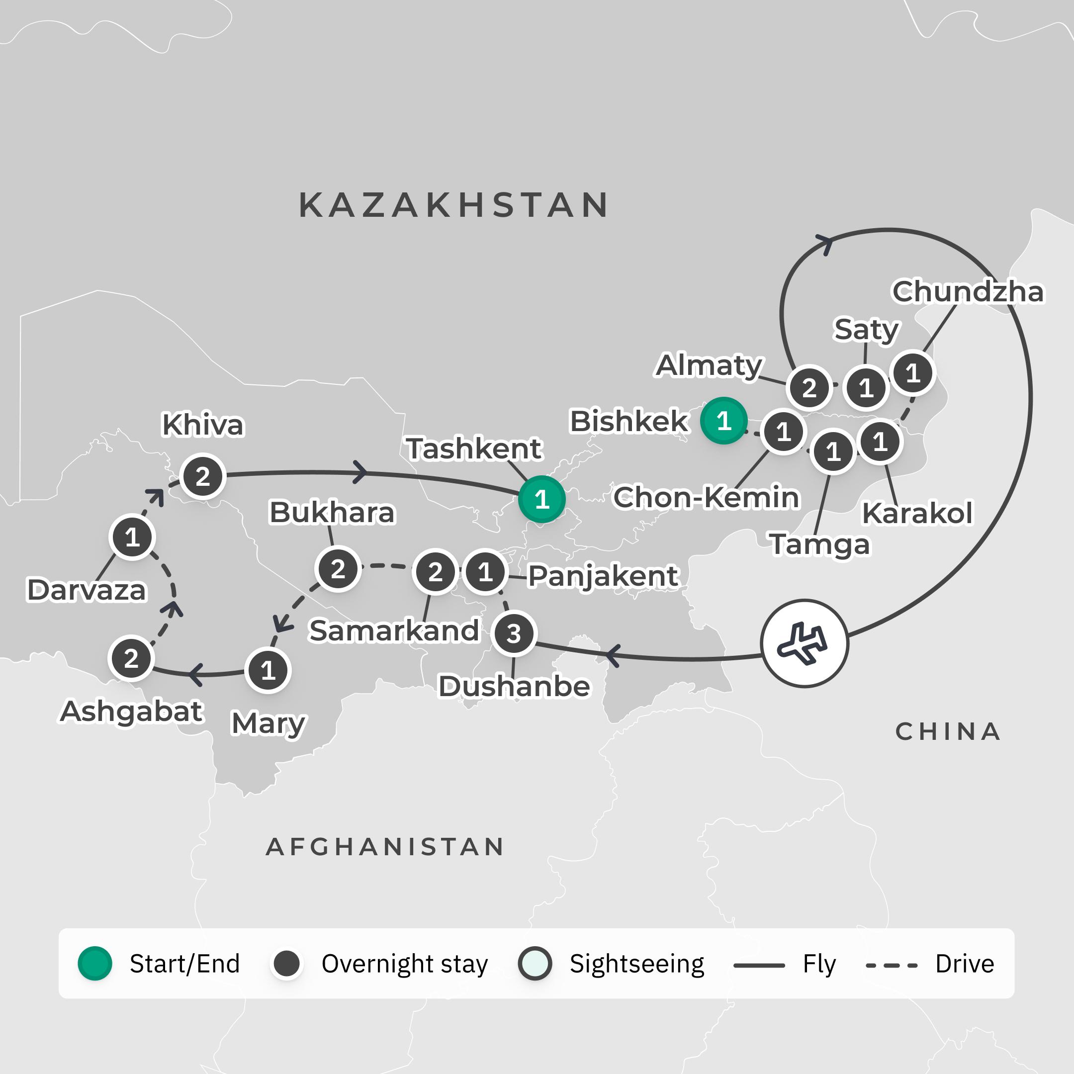 Deluxe 24-Day Five Stans & Silk Road Discovery with Kazakhstan, Uzbekistan & Kyrgyzstan route map