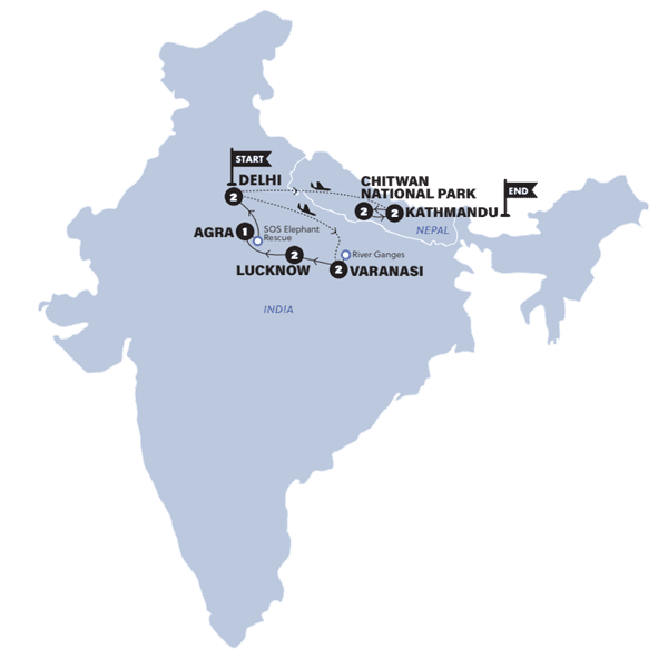 Delhi to Kathmandu Quest route map