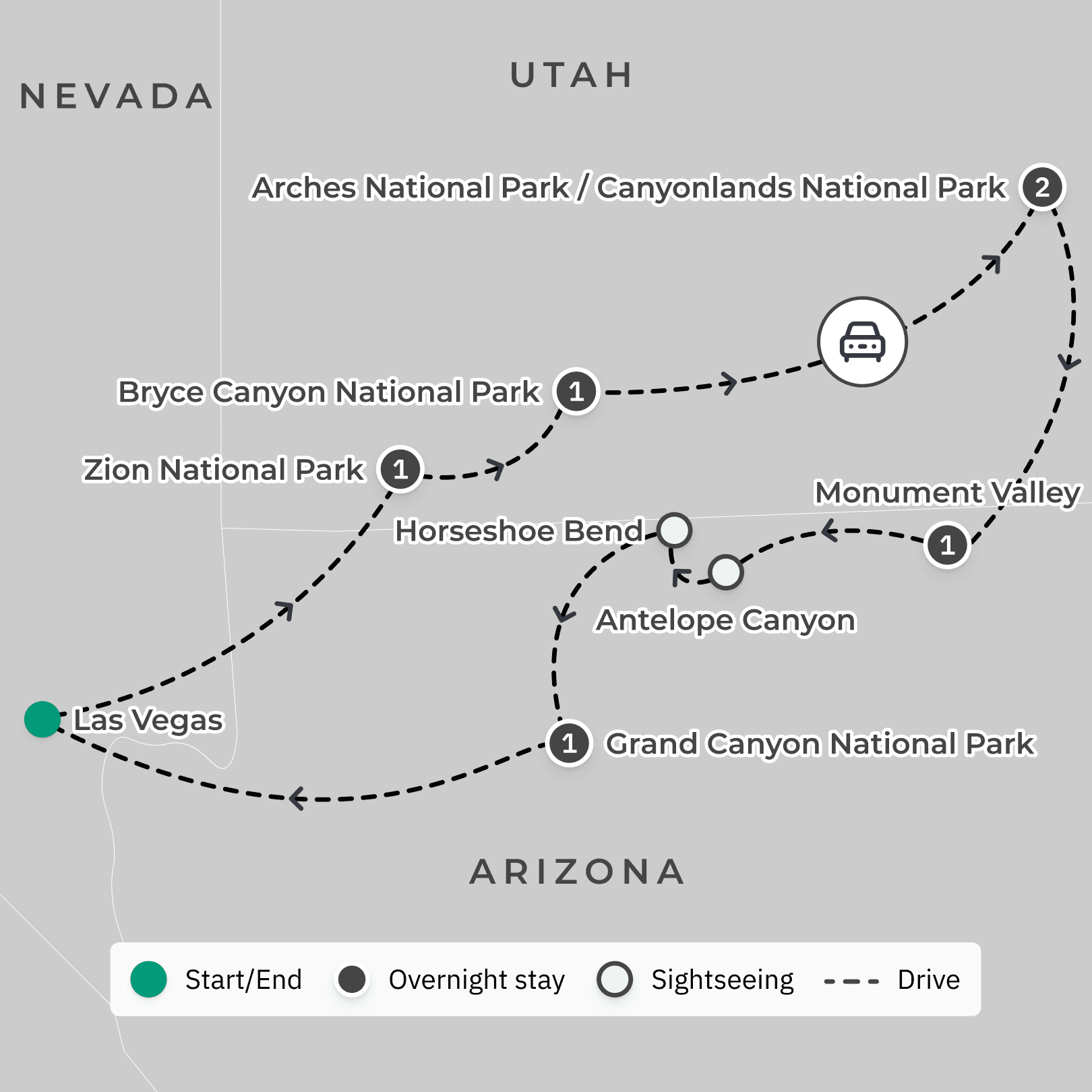 Southwest USA 2024 National Parks Hiking Adventure with Zion, Bryce Canyon, Monument Valley & Grand Canyon route map