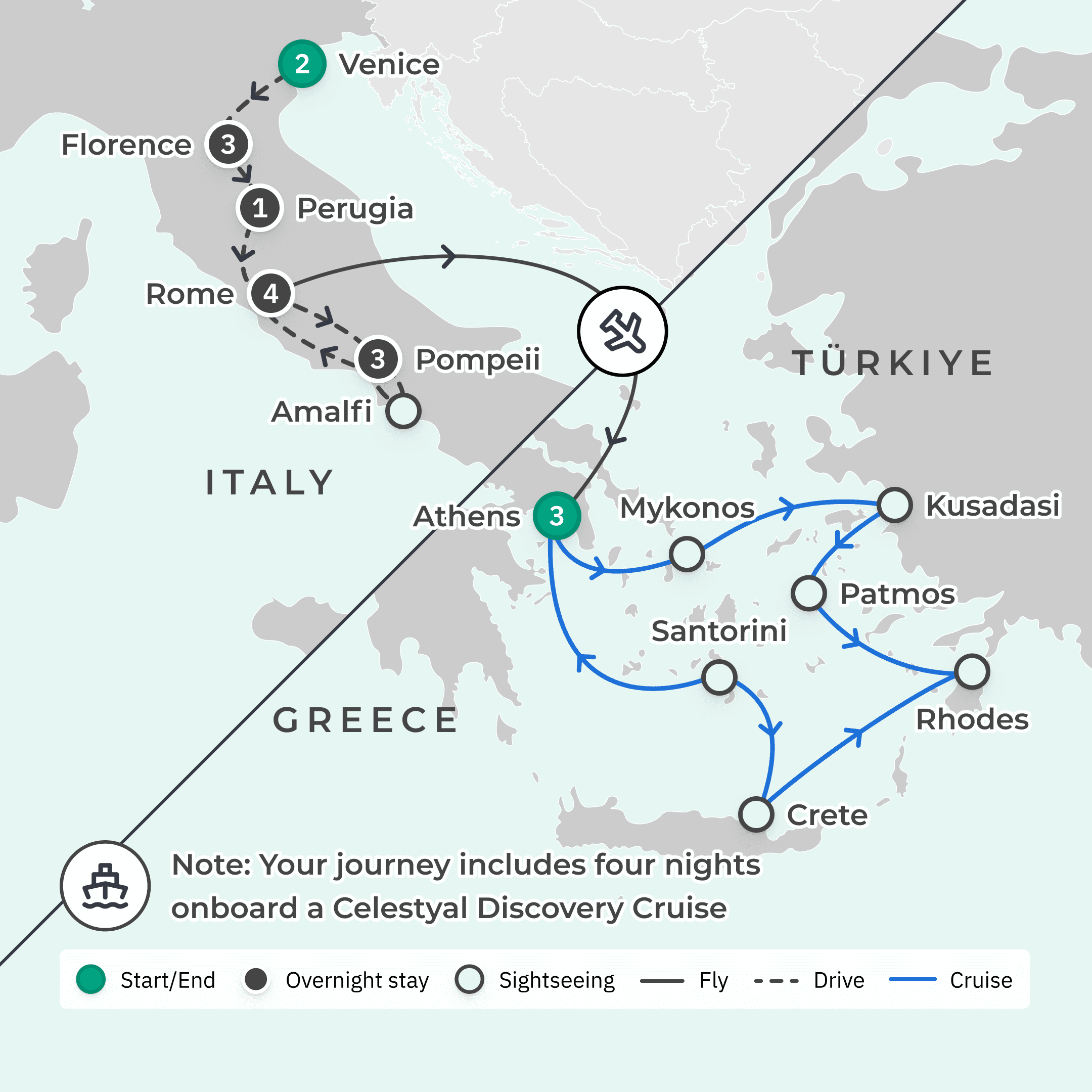 Best of Italy & Greece with Islands Cruise & Tuscany Wine Tasting route map