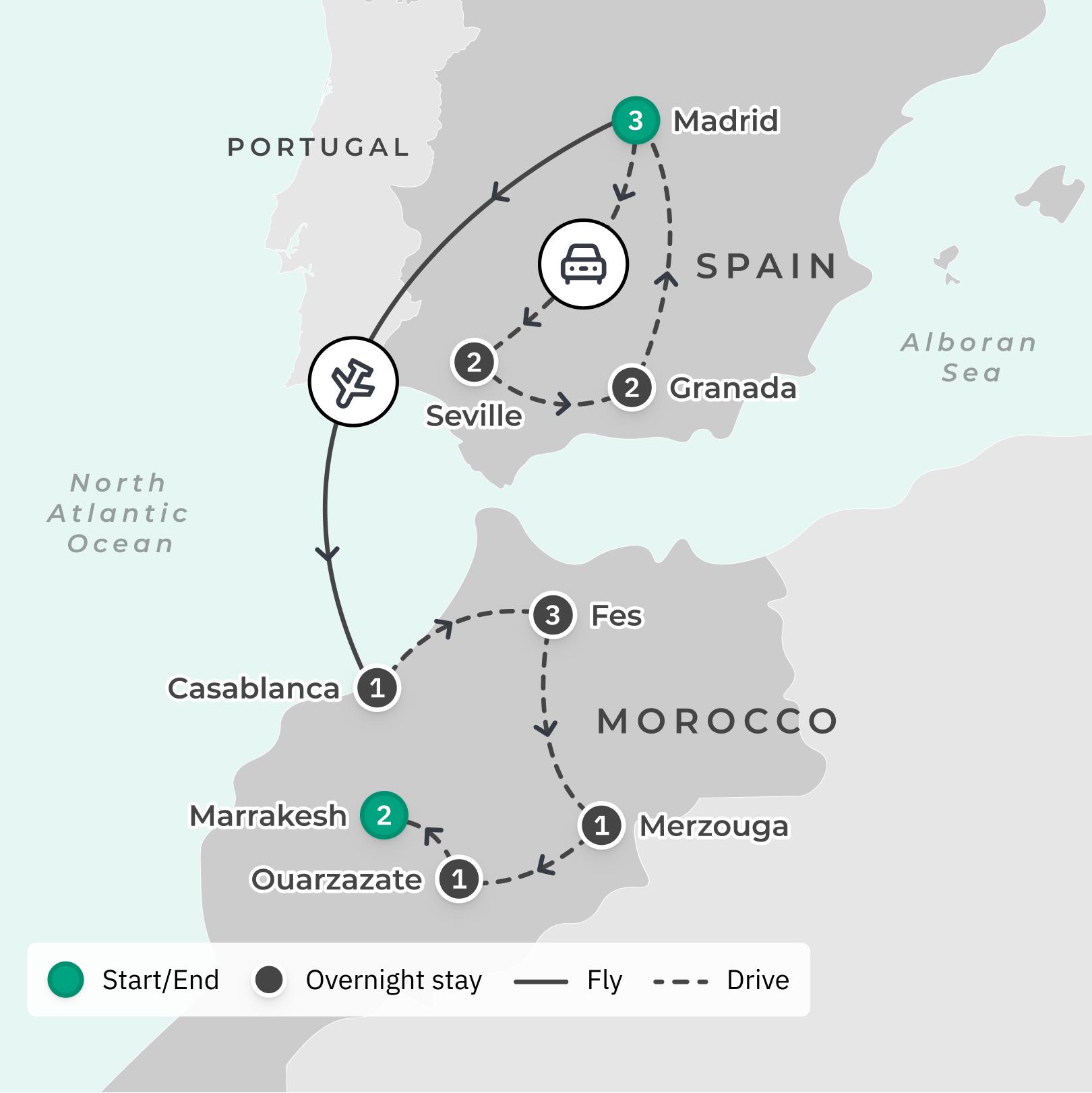 Southern Spain & Morocco 2024 Tour with Local Dining Experiences, Alhambra Palace & Sahara Desert Camp Stay route map