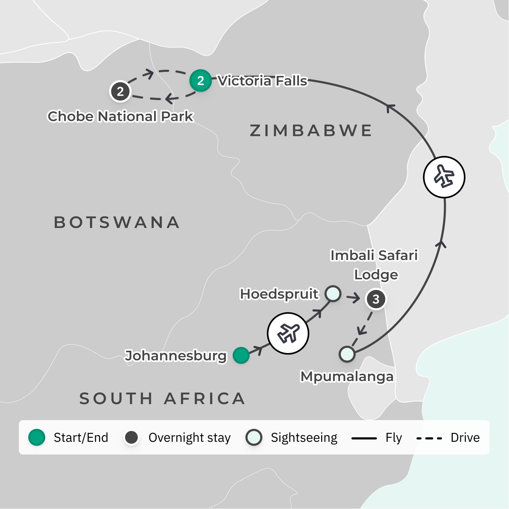 Southern Africa: Small-Group Safari Tour with Five-Star Lodge Stays, Game Drives, Victoria Falls Cruise & Internal Flights route map