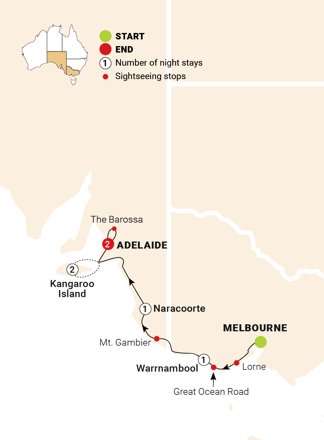 Great Ocean Road & Kangaroo Island Escape route map