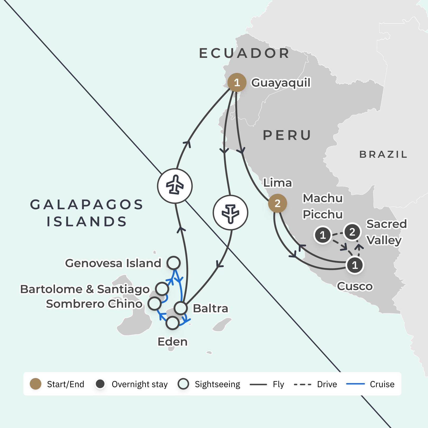 Ecuador & Peru Ultra-Lux Tour with Galapagos Islands Cruise, Machu Picchu, Sacred Valley & Luxury Eco-Lodge Stay route map
