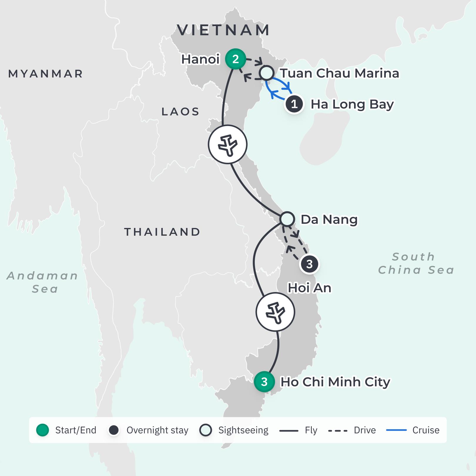 Vietnam Highlights with Ha Long Bay Cruise & Hanoi Street Food Tour route map