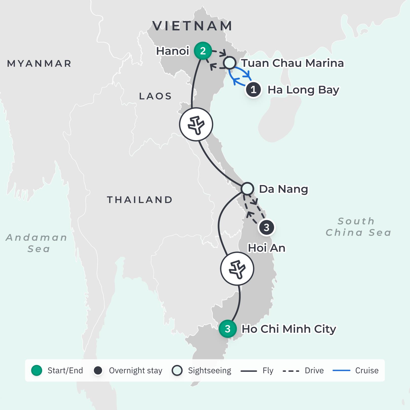 Vietnam Highlights with Ha Long Bay Cruise, Hoi An Street Food Tour & Five Star Sofitel Saigon Stay route map