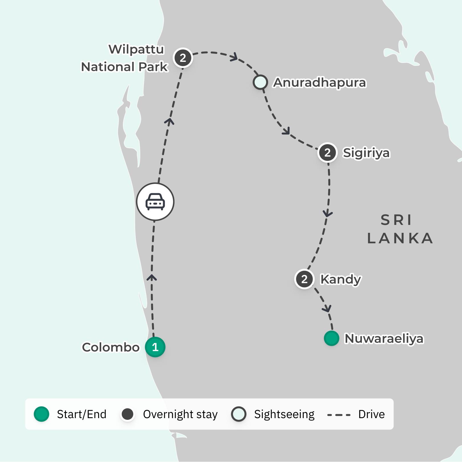 Sri Lanka Small-Group Tour with Wilpattu National Park Safari & Sigiriya (Lion's Rock) Visit route map
