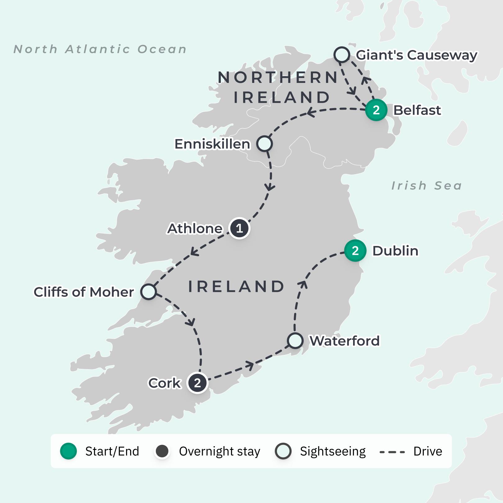 Ireland 2024 Highlights Tour with Giant’s Causeway, Cliffs of Moher, Blarney Castle, Ring of Kerry & Dublin route map