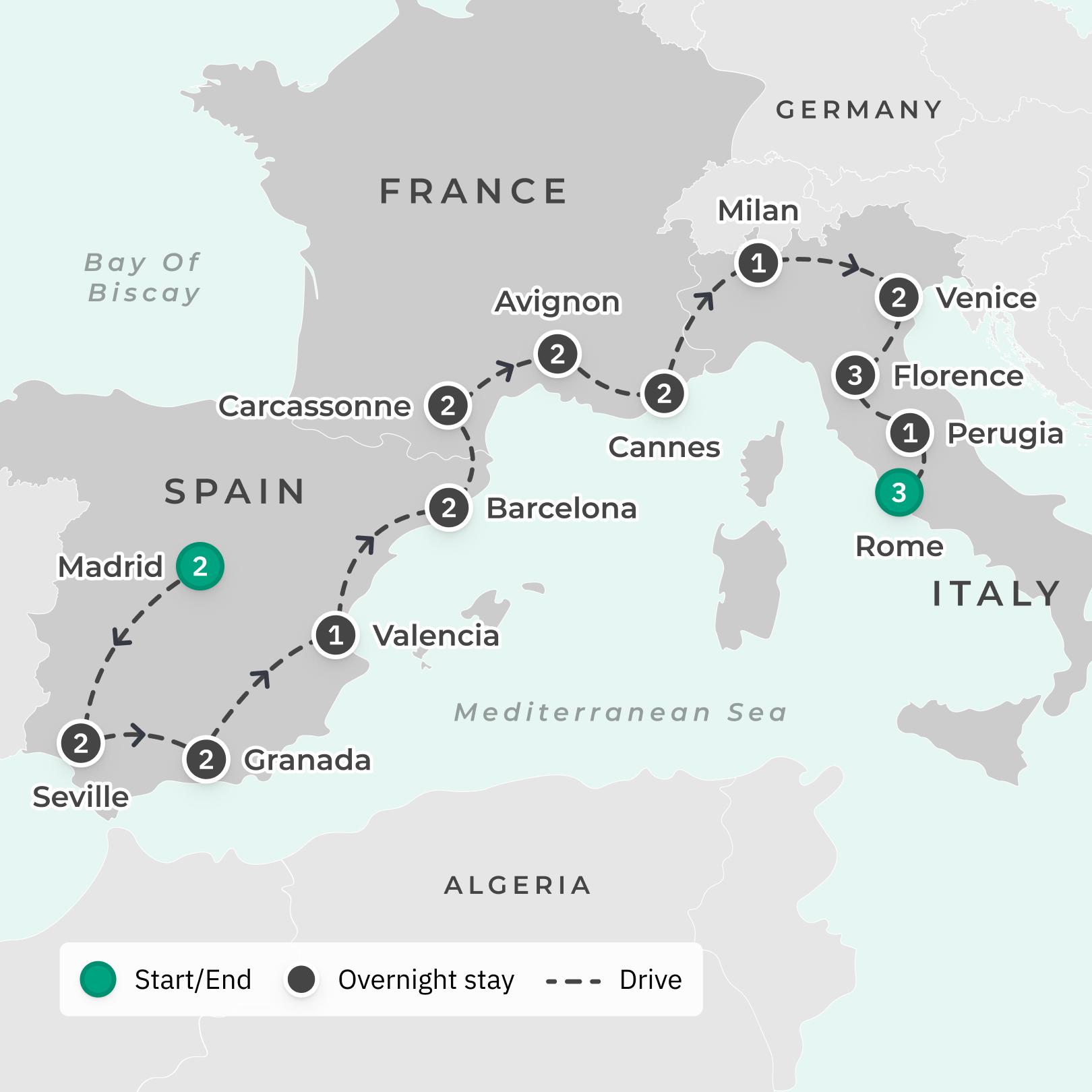 Spain, Southern France & Italy 2024 Small-Group Mediterranean Grand Tour with Tuscany Discovery, Cannes Stay & Alhambra Visit route map