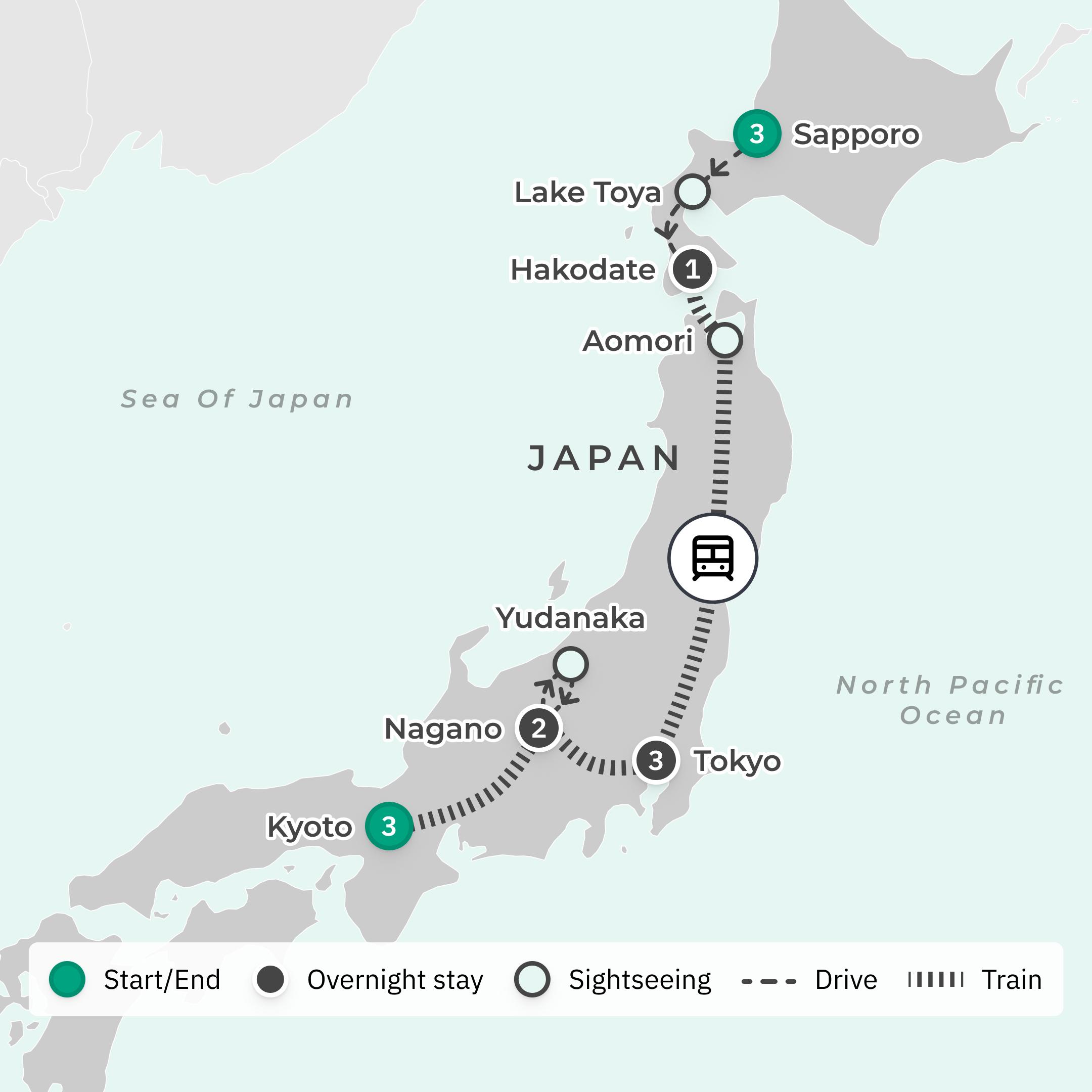 Japan Winter Highlights with Travel by Shinkansen & Snow Monkey Park route map