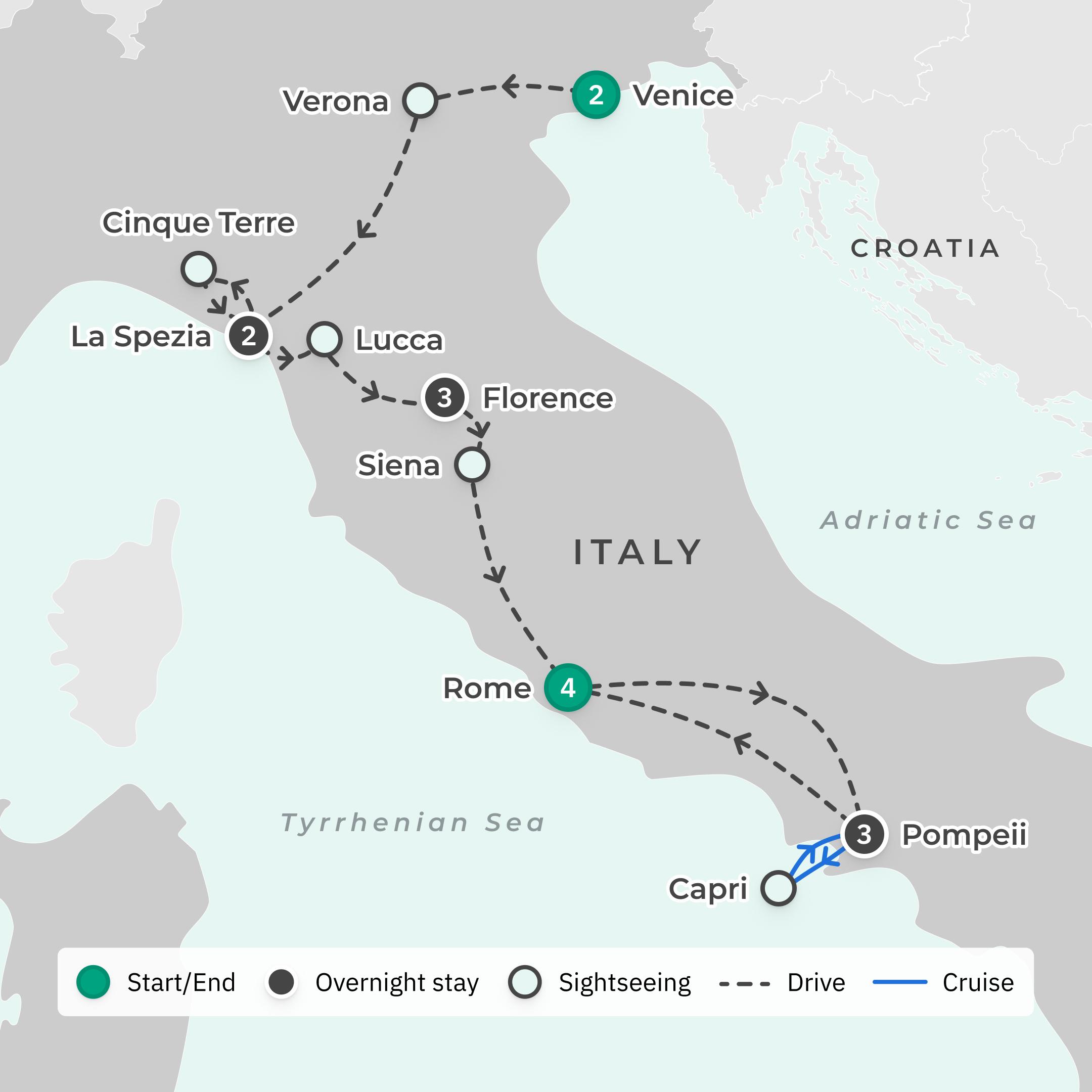 Italy Highlights with Chianti Vineyard Tasting & Capri Sailing route map