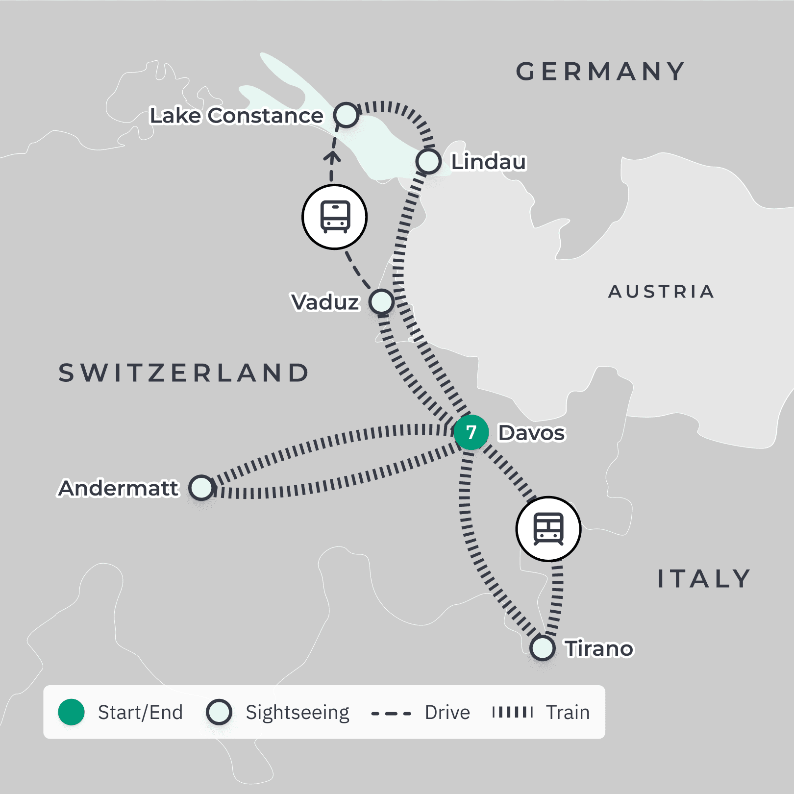 Switzerland 2024 Train Tour with Bernina Express & Glacier Express Rail Journeys, Lake Constance Cruise & Handpicked Accommodation route map