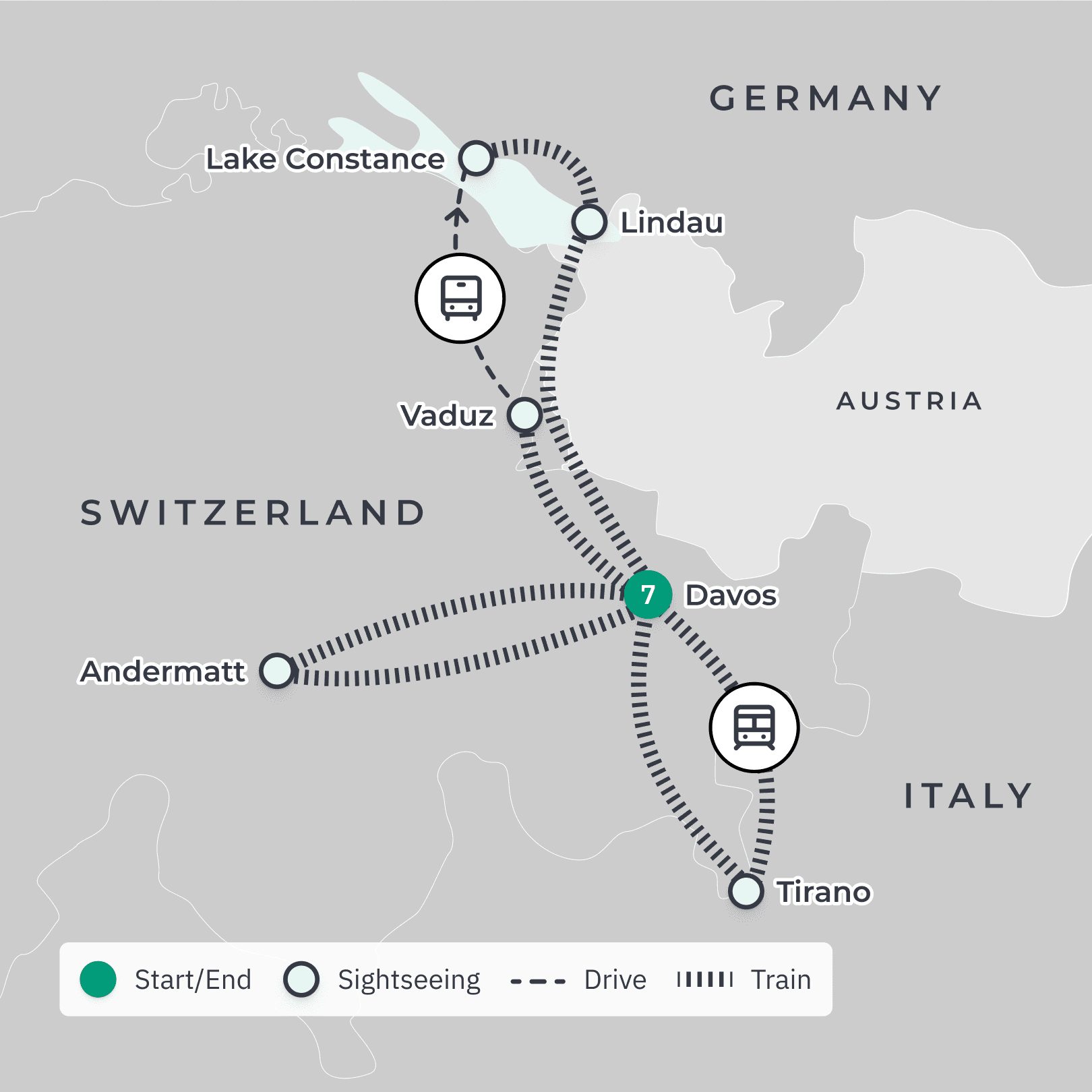 Switzerland Train Tour with Bernina Express & Glacier Express Rail Journeys route map