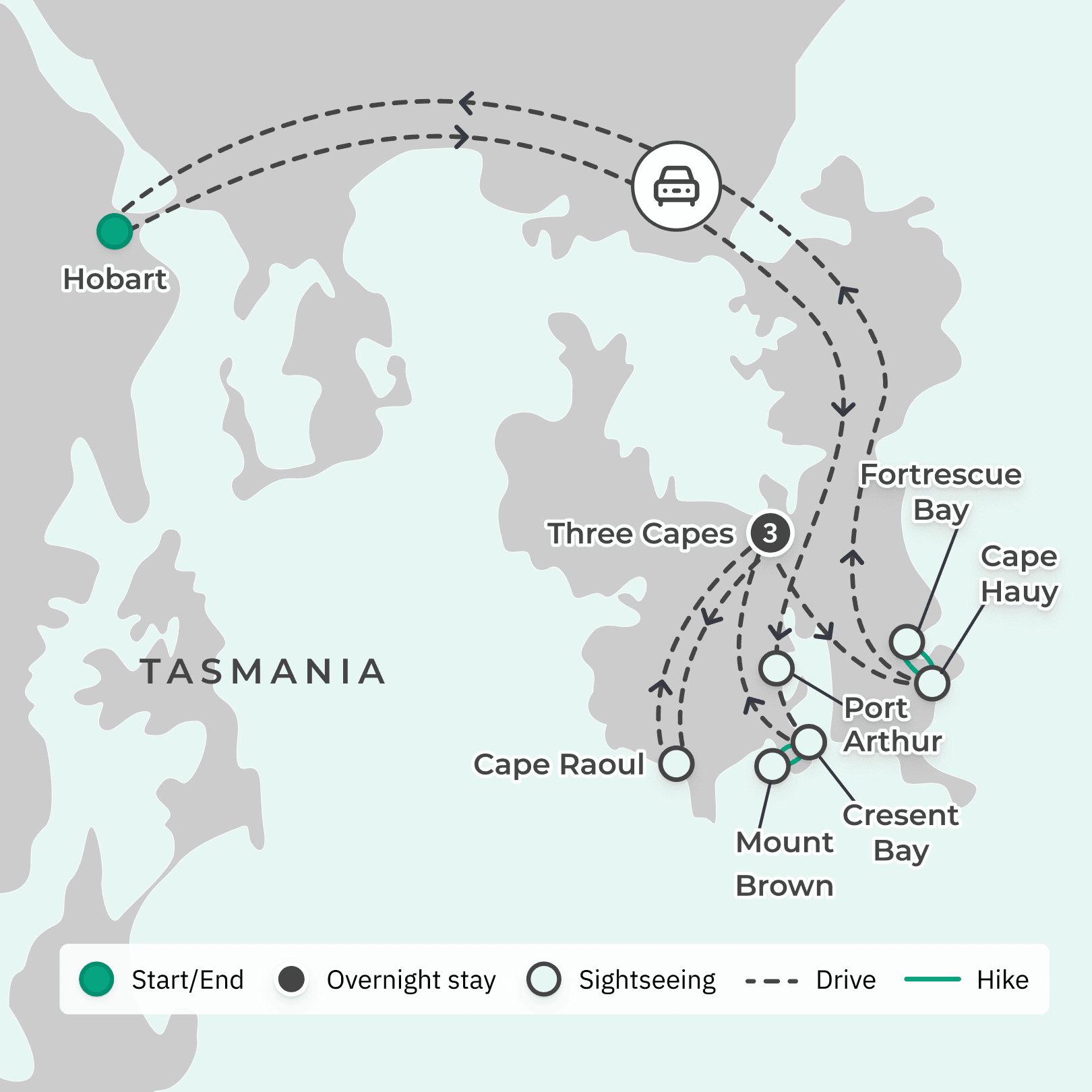 Tasman Peninsula 2024: Three Capes Small-Group Walking Tour with Fortescue Bay, Cape Raoul & Wilderness Cruise route map
