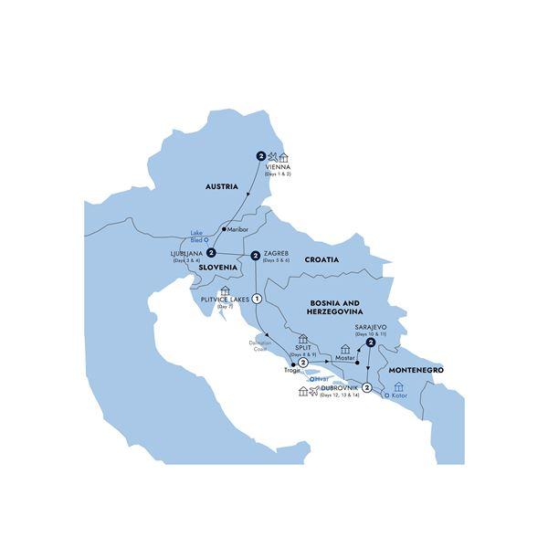 Eastern Capitals & Dalmatian Riviera - Classic Group route map