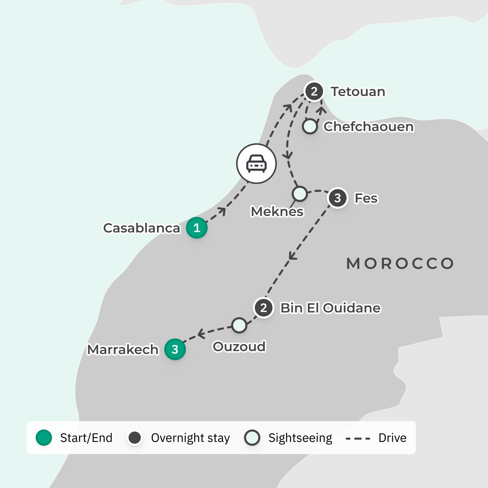 Flavours of Morocco Tour with Cooking Classes & Chefchaouen Visit route map