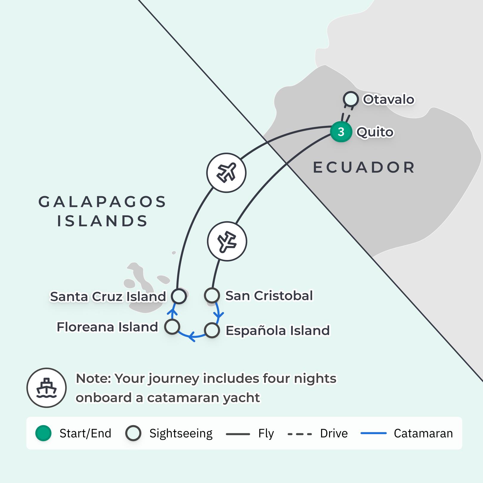 Ecuador & Galapagos Islands 2024 First-Class Catamaran Cruise & Small-Group Tour with Nature Excursions route map