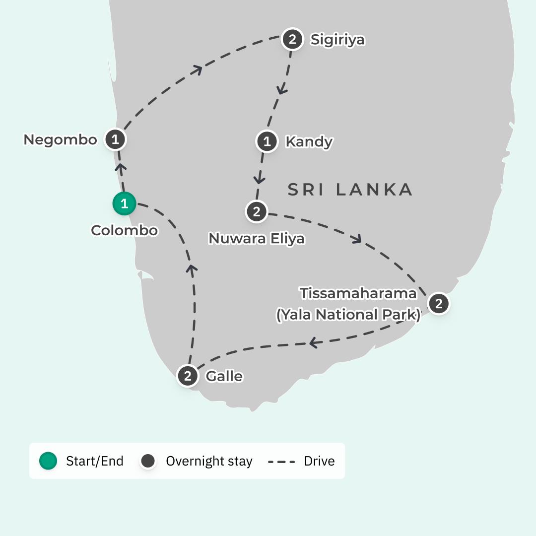 Best of Sri Lanka with Yala National Park Safari & Sigiriya Rock Fortress + Maldives Extension Available route map