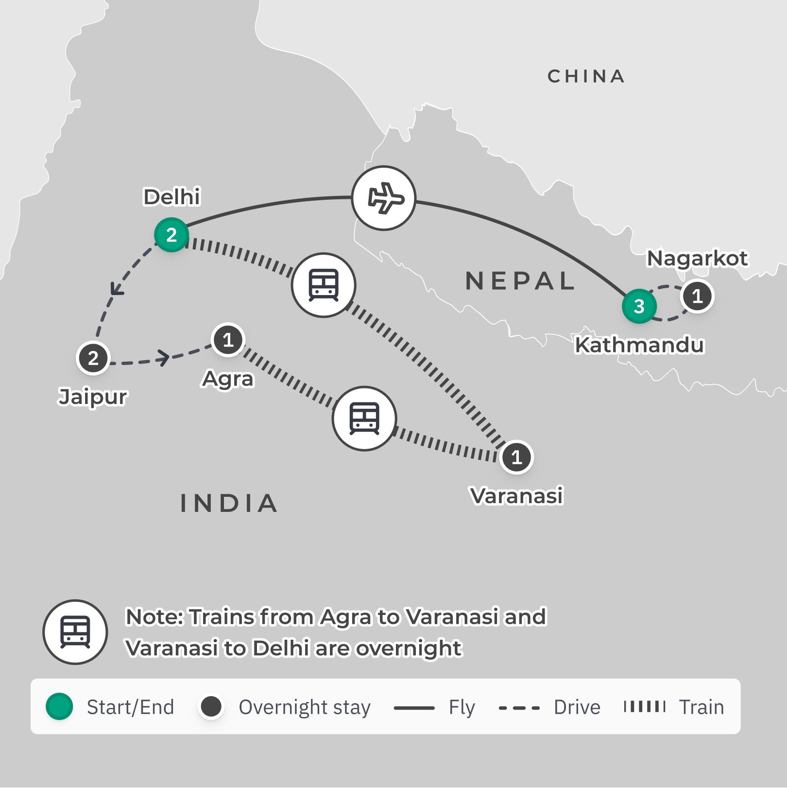 India & Nepal Discovery Tour with Handpicked Accommodation, Taj Mahal, Amber Fort, Holy River Ganges Ceremony & Himalaya Sunset Views route map