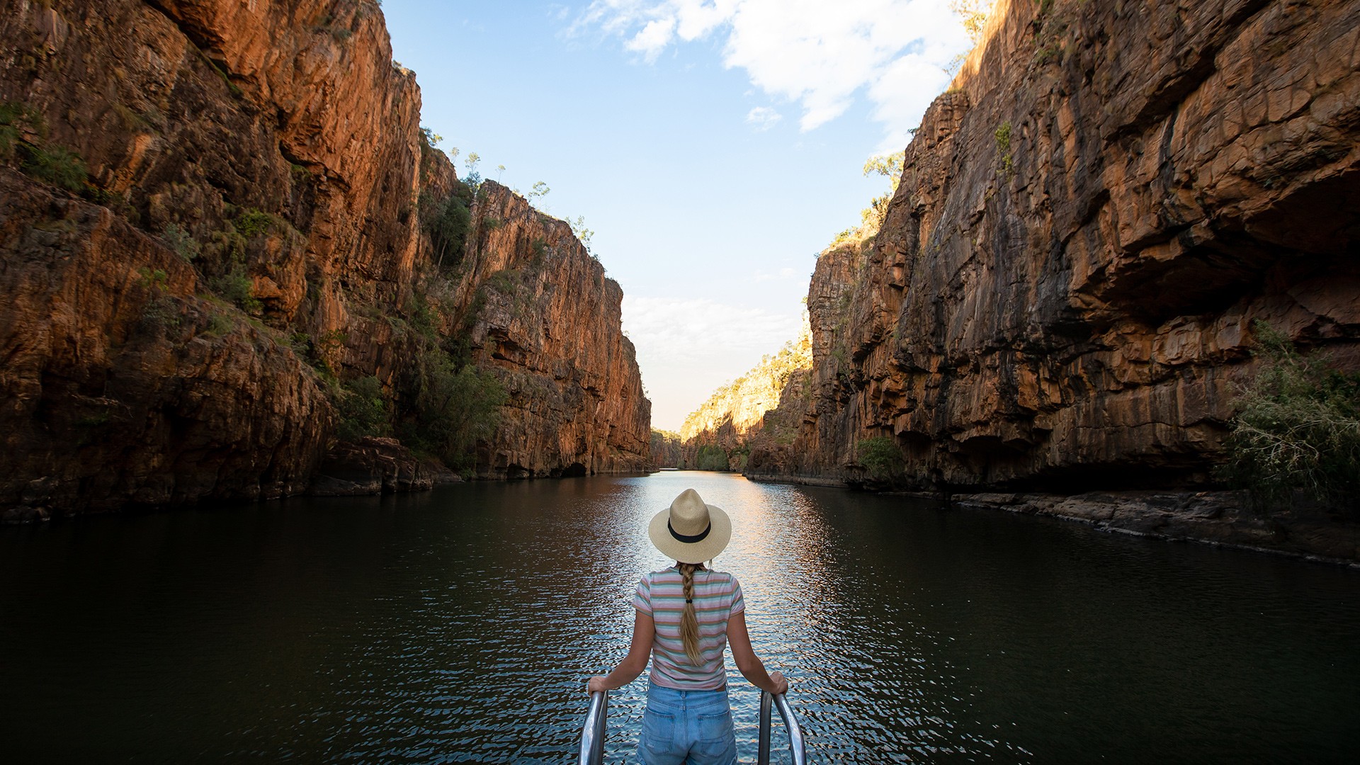 Woman on a cruise in Katherine Gorge. Image credit: Tourism NT/Katie Goldie