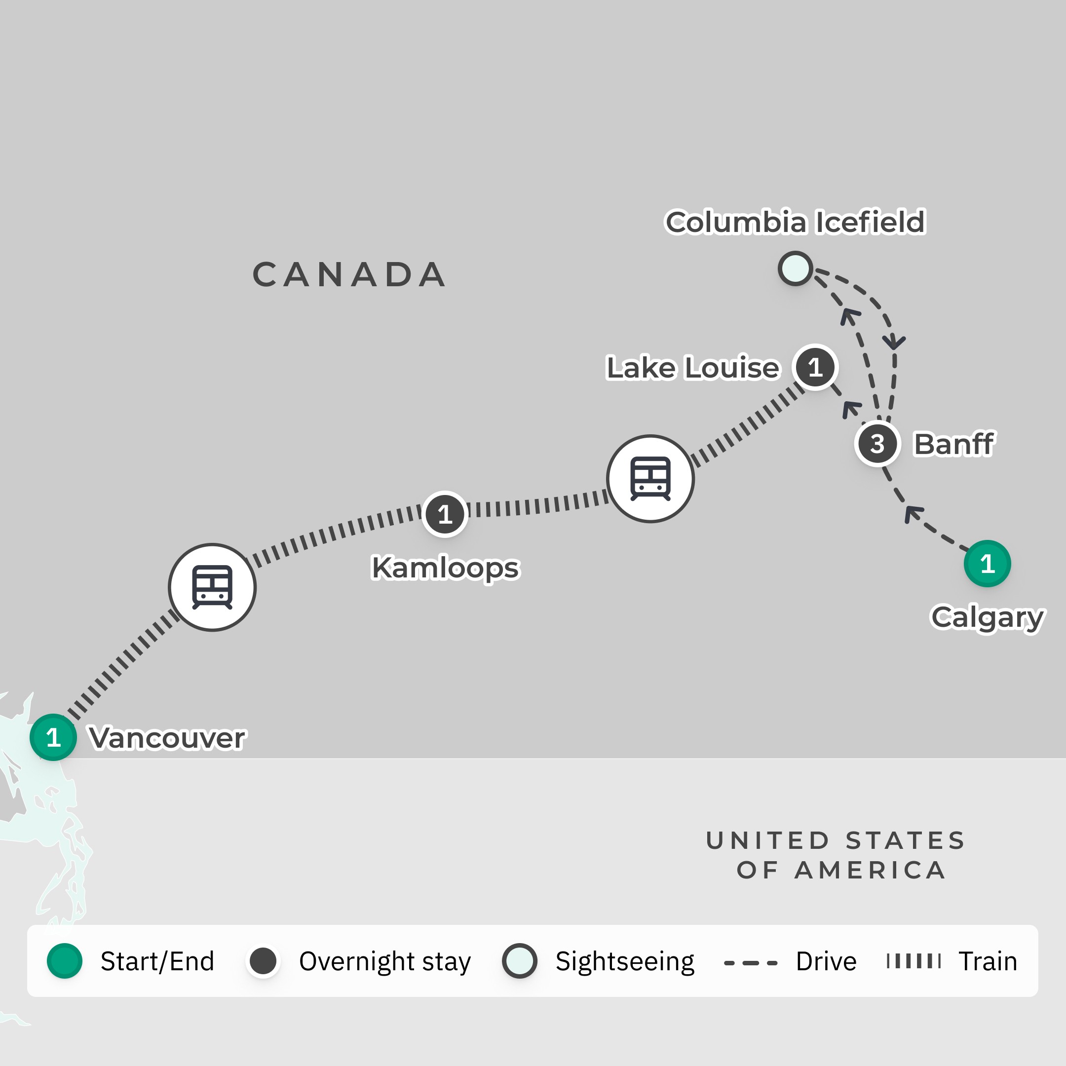 Canadian Rockies Highlights with Rocky Mountaineer Rail Journey & Fairmont Chateau Stay route map